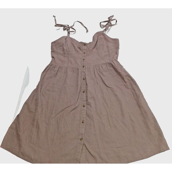 Aerie Brown Linen Blend Tie Shoulder Corset Button Front Short Sundress SZ Small - Picture 2 of 13